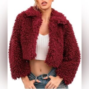 American Eagle Fuzzy Furry Sherpa Teddy Fleece Red Semi Cropped Full Zip Jacket